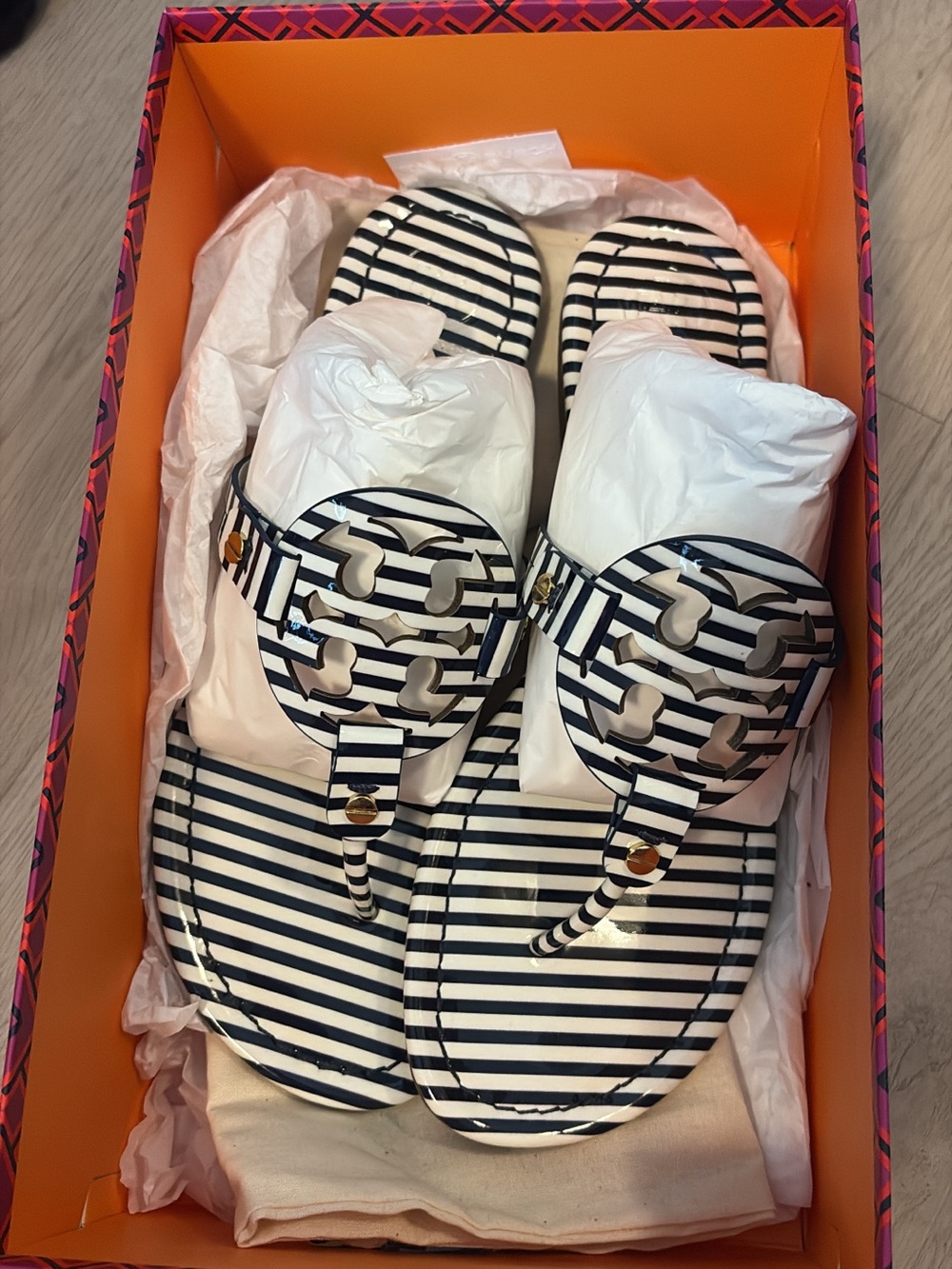 Tory Burch Navy & White Striped Miller Thong Sandals